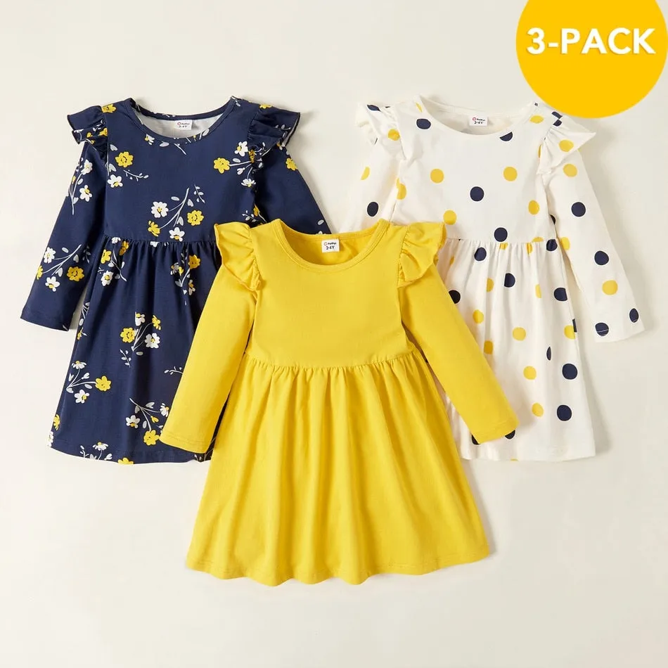 3Pck Cotton Long Sleeve Cute Dresses For Kids