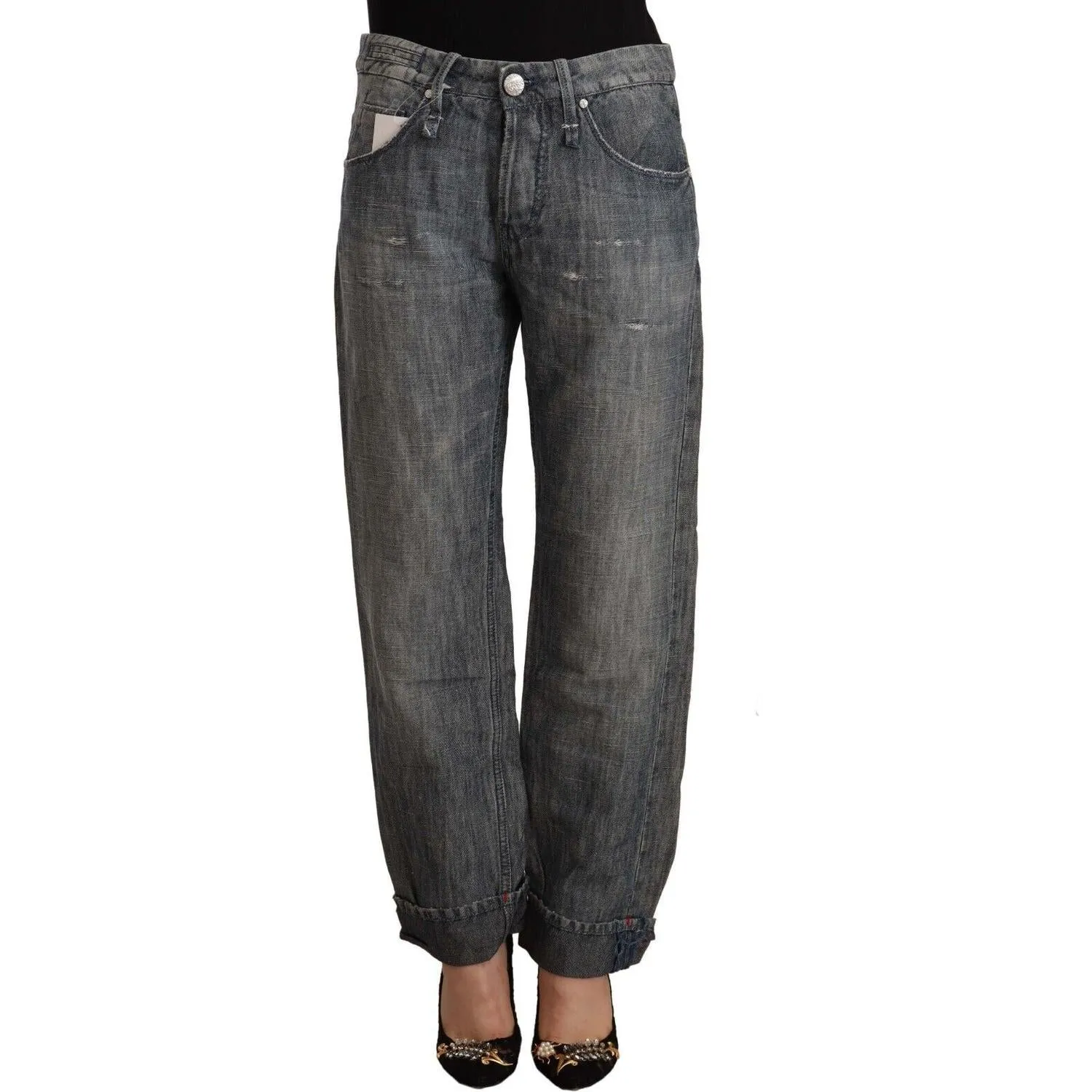 Acht Chic Gray Straight Cut Ramie-Cotton Jeans