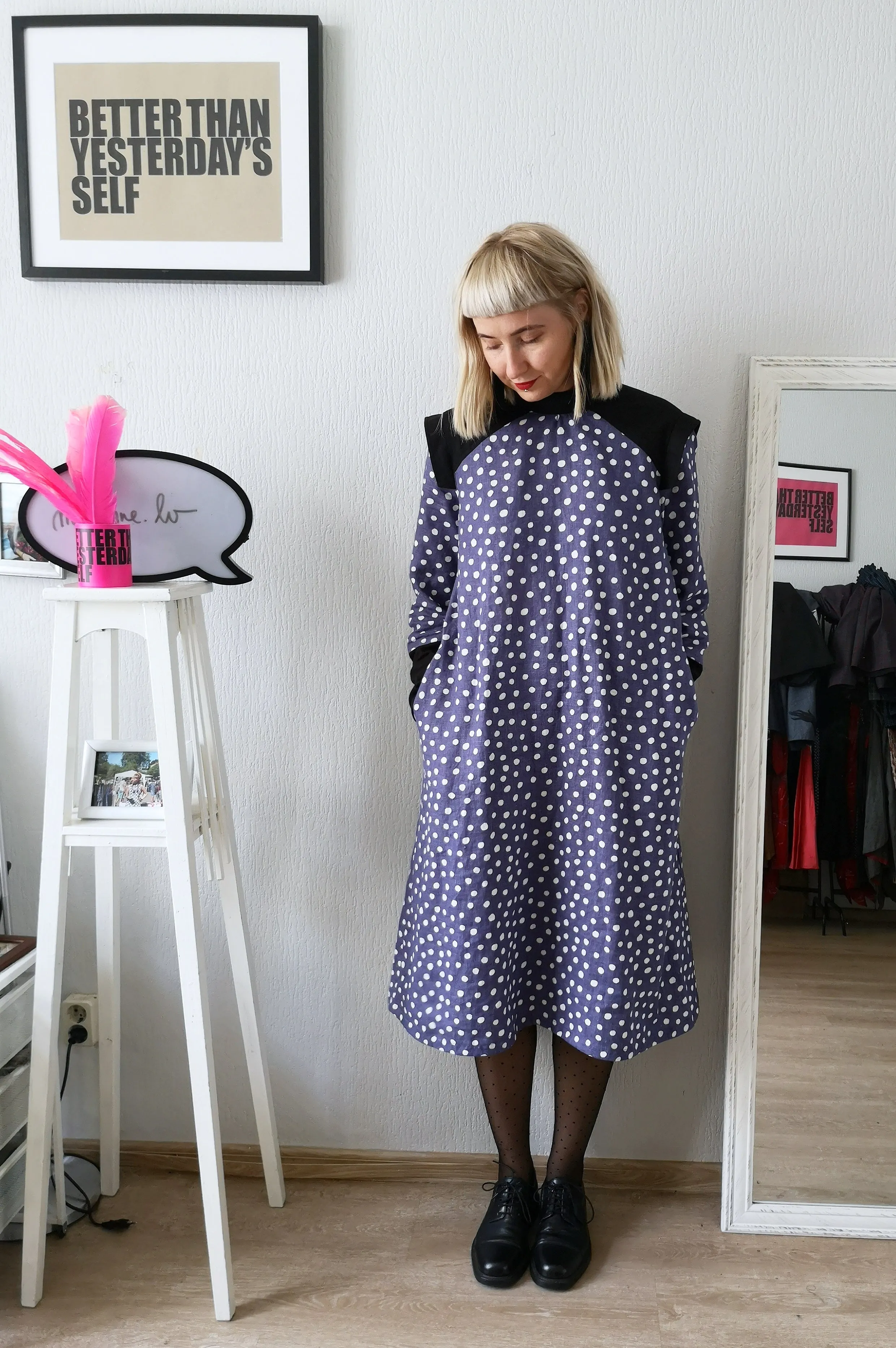 Beautiful and Special Light Purple Polka Dotted Midi Linen Space Warrior Princess Dress with Black Linen Details