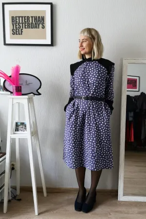 Beautiful and Special Light Purple Polka Dotted Midi Linen Space Warrior Princess Dress with Black Linen Details