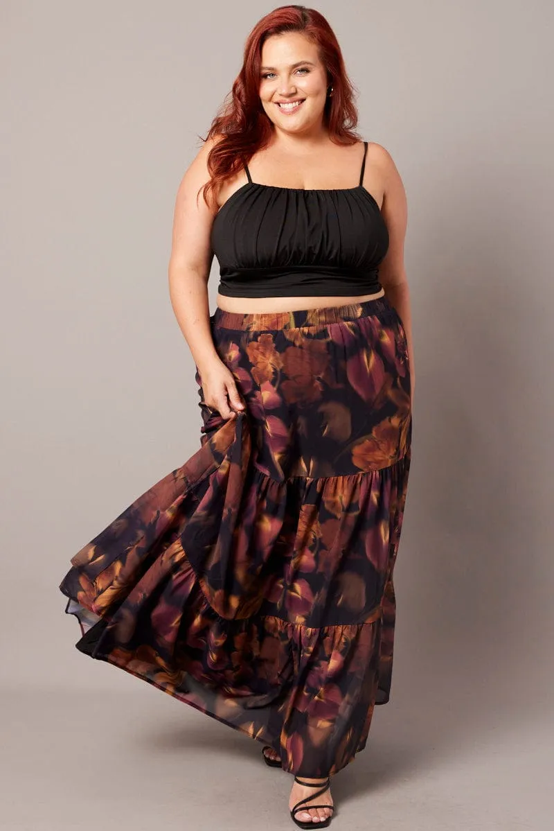 Black Floral Chiffon Elastic Waist Maxi Skirt