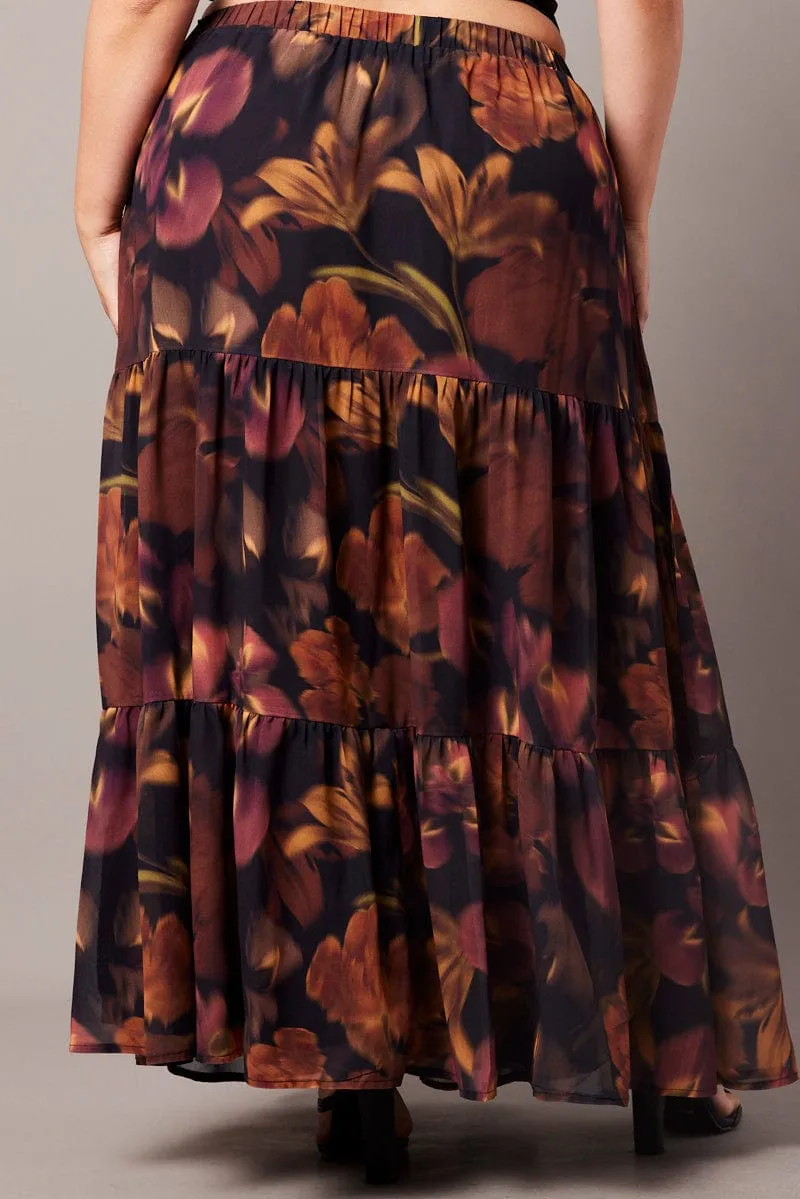 Black Floral Chiffon Elastic Waist Maxi Skirt