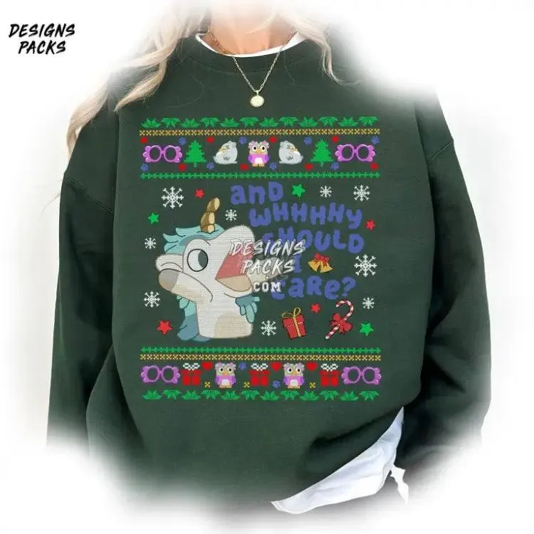 Bluey Family Ugly Christmas Bluey Unicorn Why Should I Care Christmas PNG Design