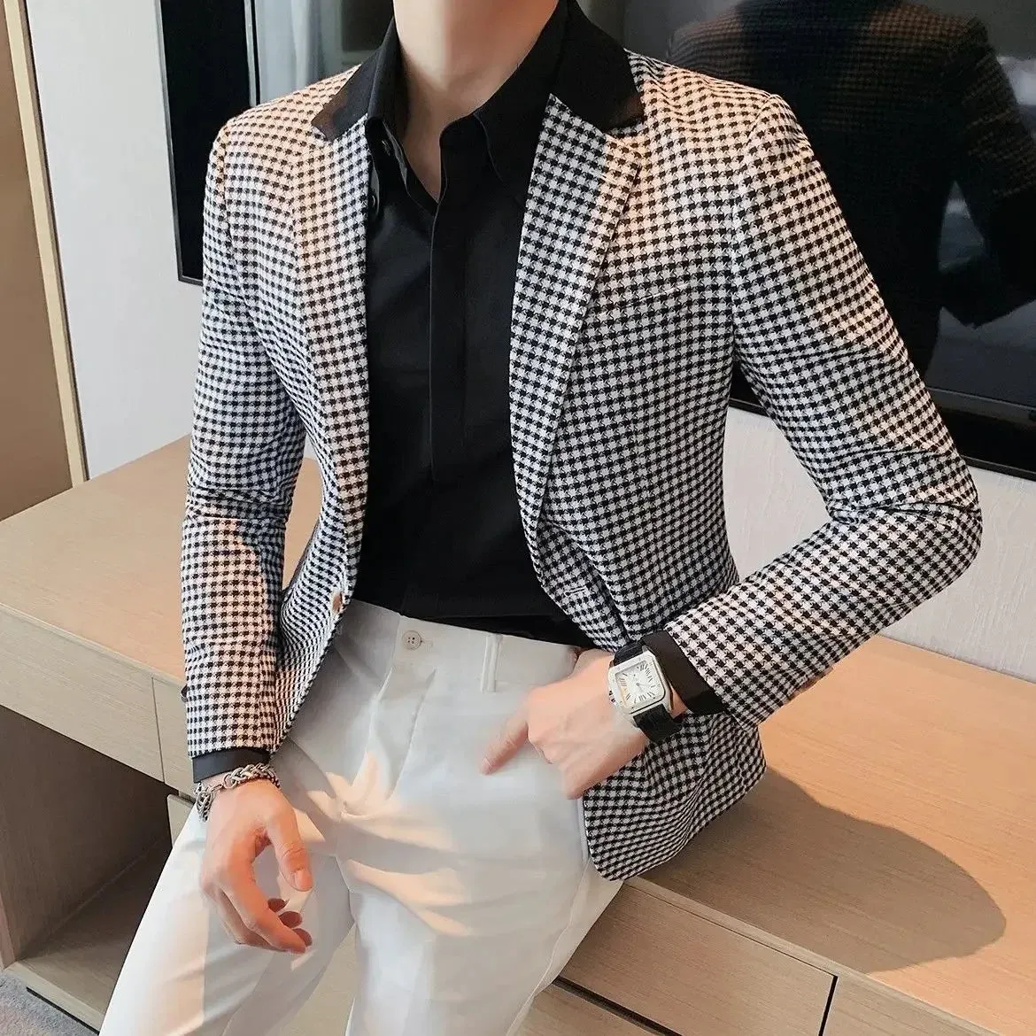 Bonsir Coats Thin Slim Fit Man Business Suits and Blazers Plaid Spring Clothes Trendy 2024 Gentleman Casual New In Dress Jacket for Men