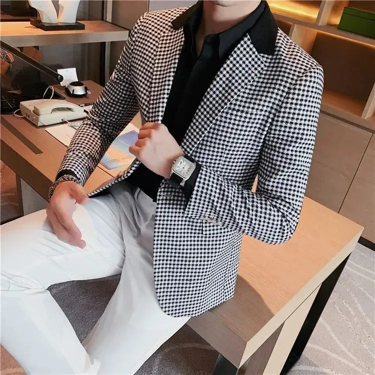 Bonsir Coats Thin Slim Fit Man Business Suits and Blazers Plaid Spring Clothes Trendy 2024 Gentleman Casual New In Dress Jacket for Men