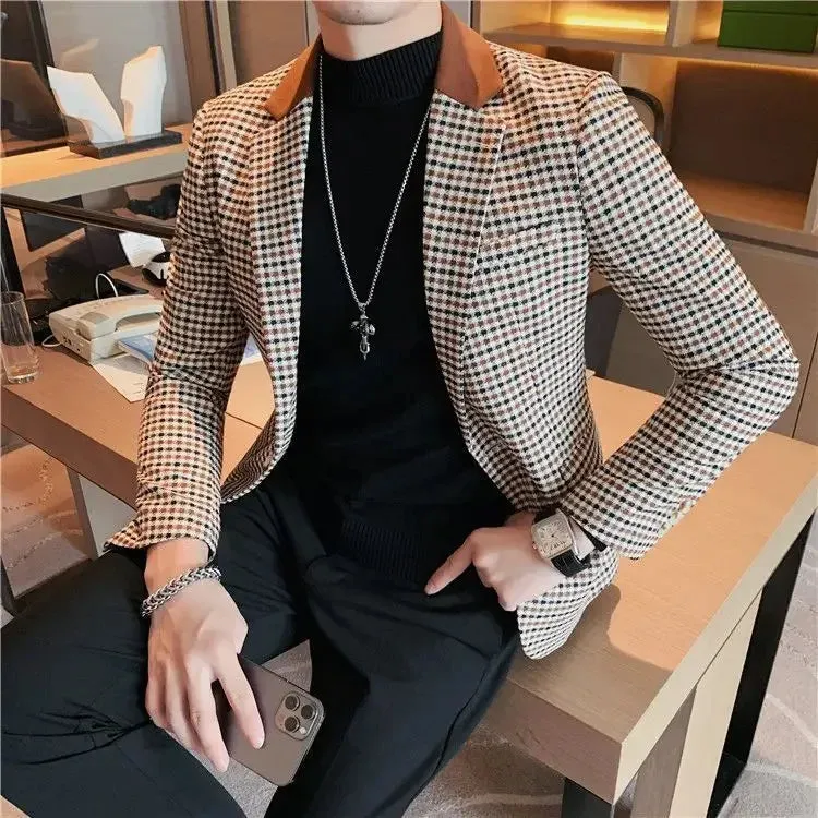 Bonsir Coats Thin Slim Fit Man Business Suits and Blazers Plaid Spring Clothes Trendy 2024 Gentleman Casual New In Dress Jacket for Men