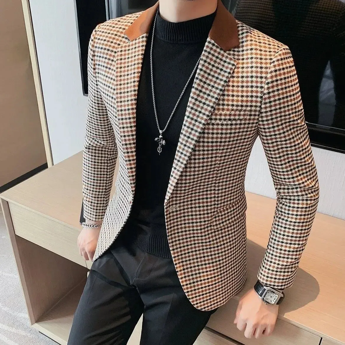 Bonsir Coats Thin Slim Fit Man Business Suits and Blazers Plaid Spring Clothes Trendy 2024 Gentleman Casual New In Dress Jacket for Men