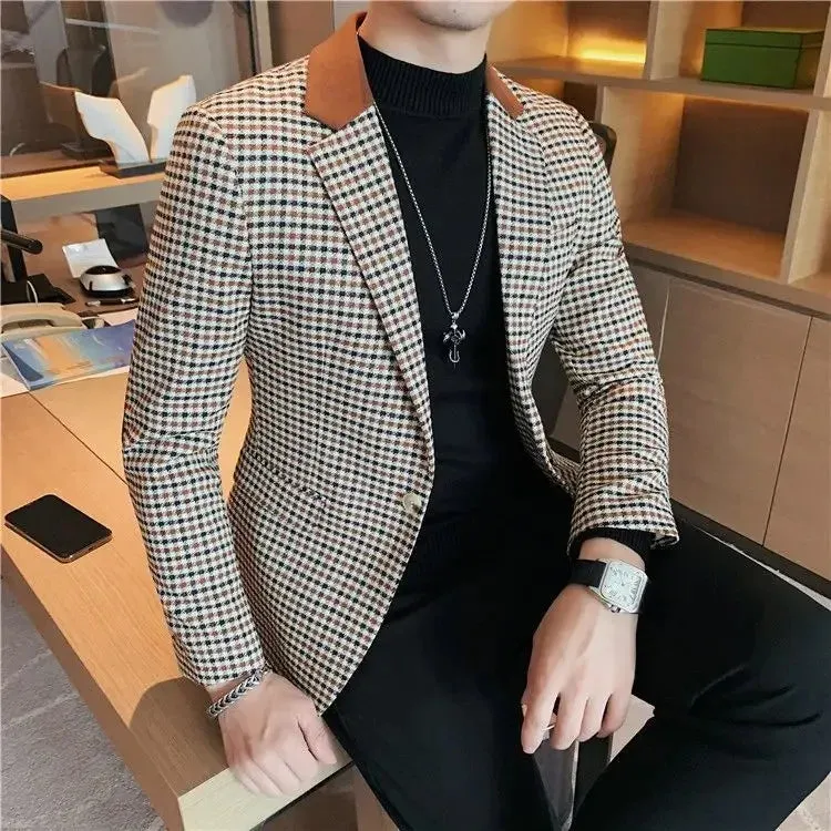 Bonsir Coats Thin Slim Fit Man Business Suits and Blazers Plaid Spring Clothes Trendy 2024 Gentleman Casual New In Dress Jacket for Men