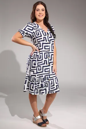 Button thru Dress with hem frill | Navy White Geo | 3344A1