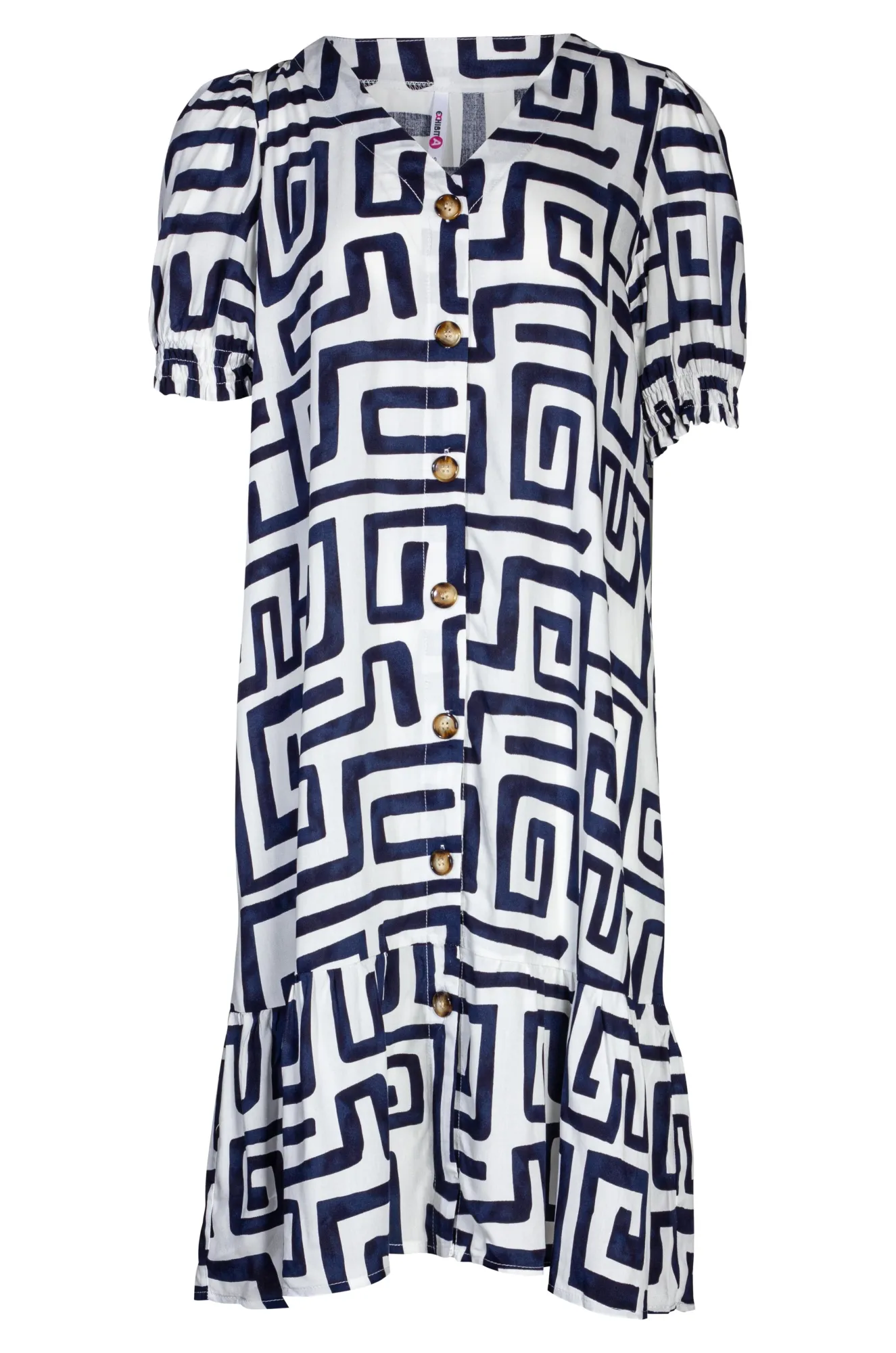 Button thru Dress with hem frill | Navy White Geo | 3344A1