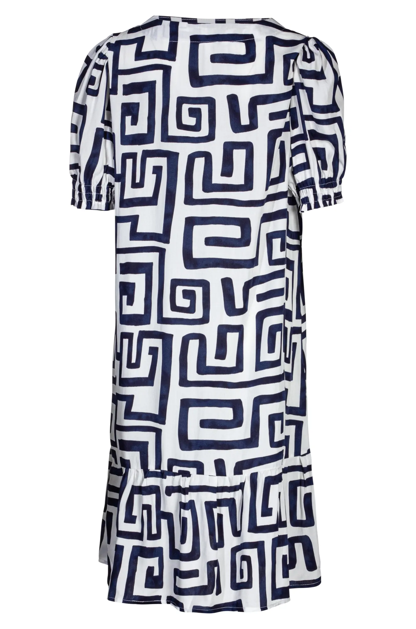 Button thru Dress with hem frill | Navy White Geo | 3344A1