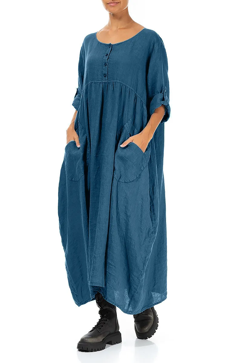 Buttoned Azure Linen Dress