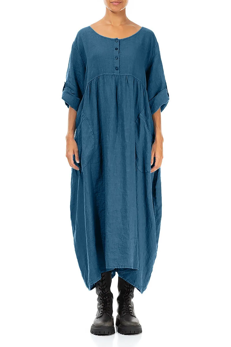 Buttoned Azure Linen Dress