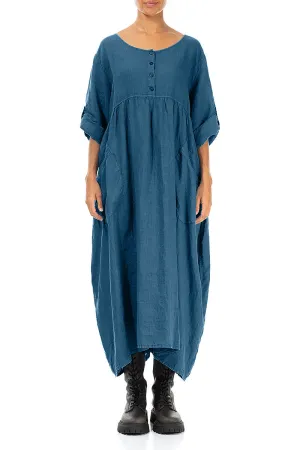 Buttoned Azure Linen Dress