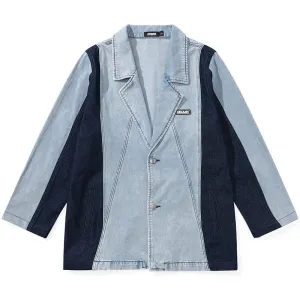 Color Block Patchwork Denim Blazer