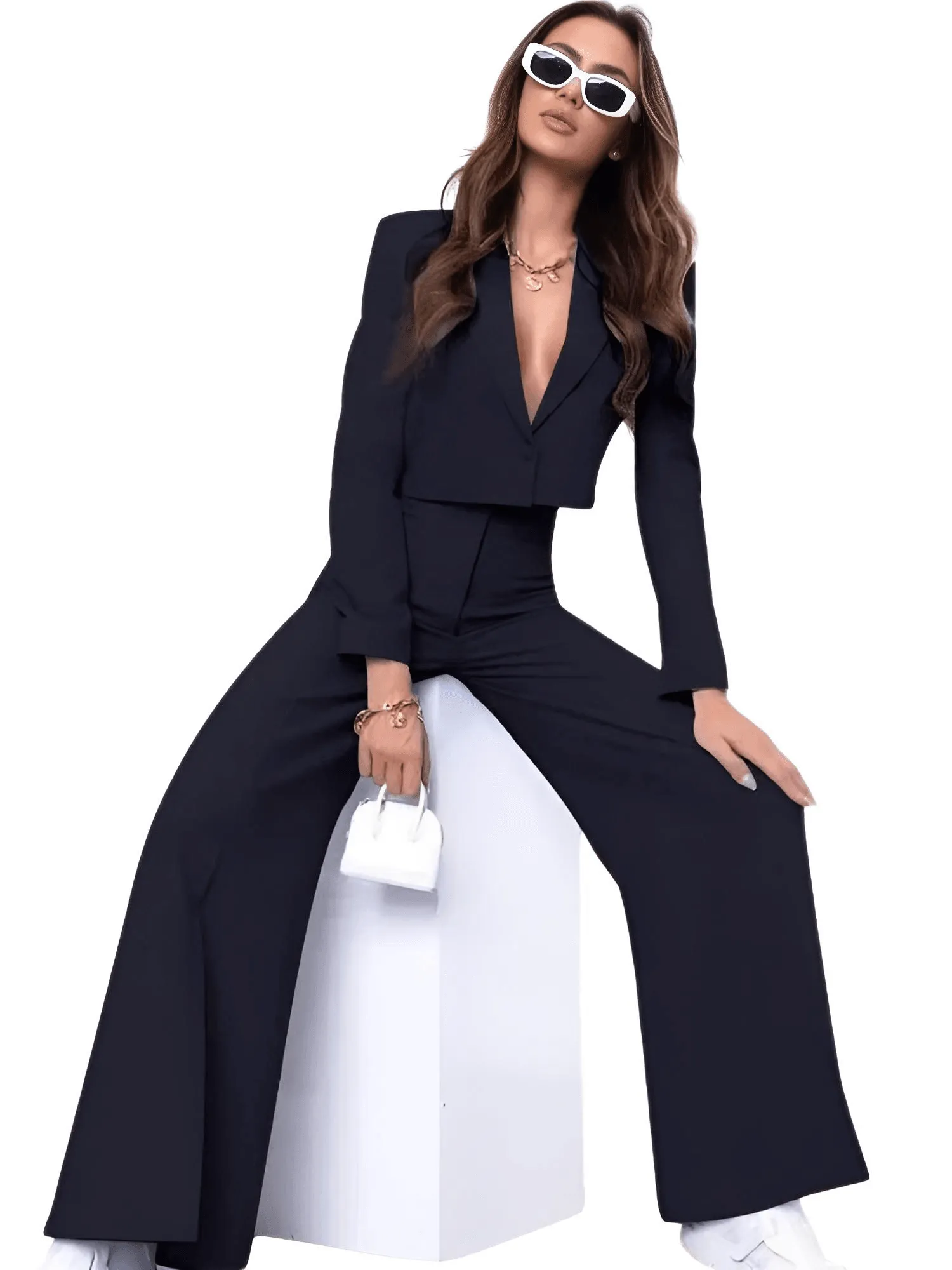 Cropped Blazer and Wide Leg Pants High Waisted 2-Piece Sets For Women