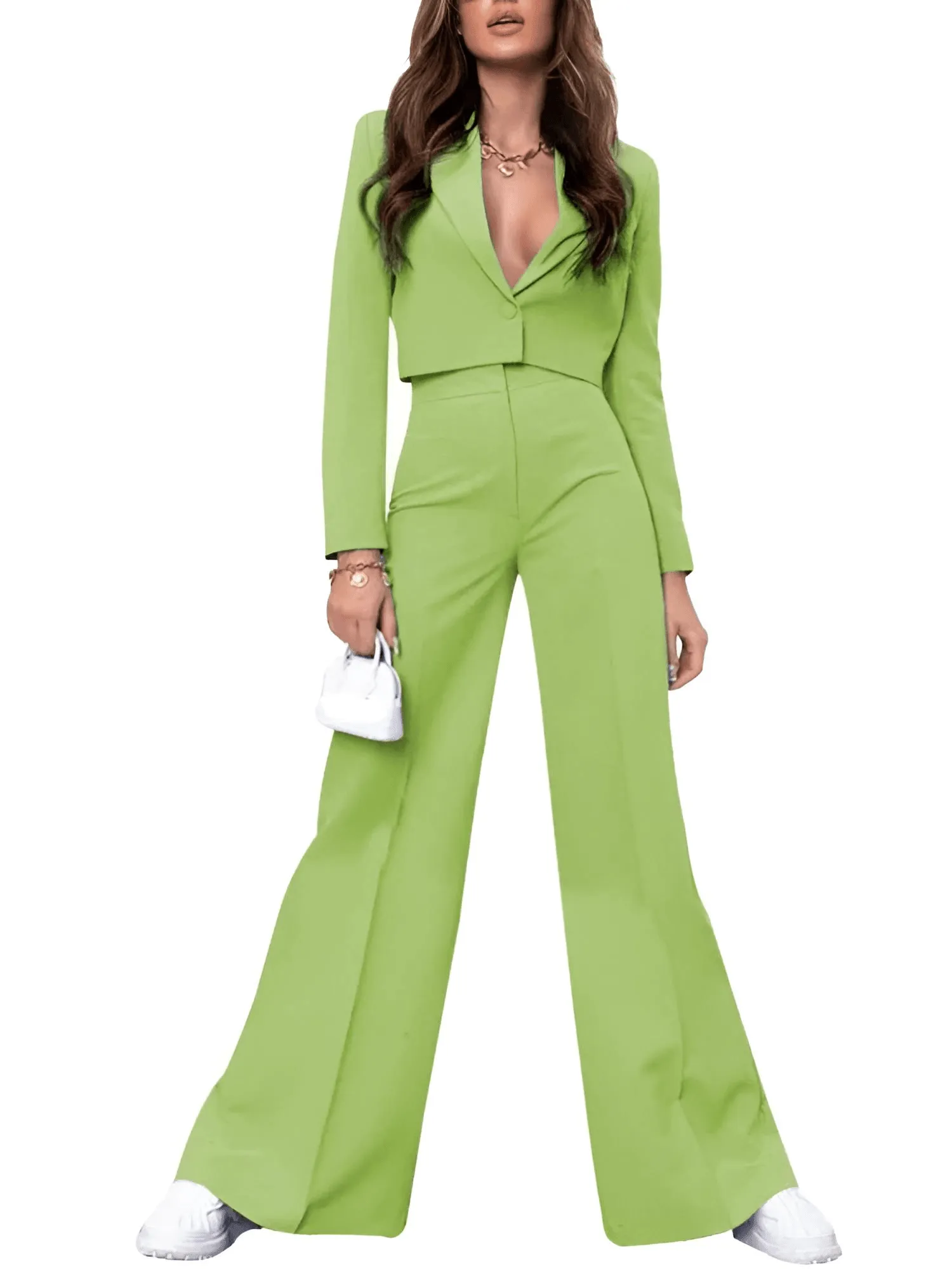 Cropped Blazer and Wide Leg Pants High Waisted 2-Piece Sets For Women