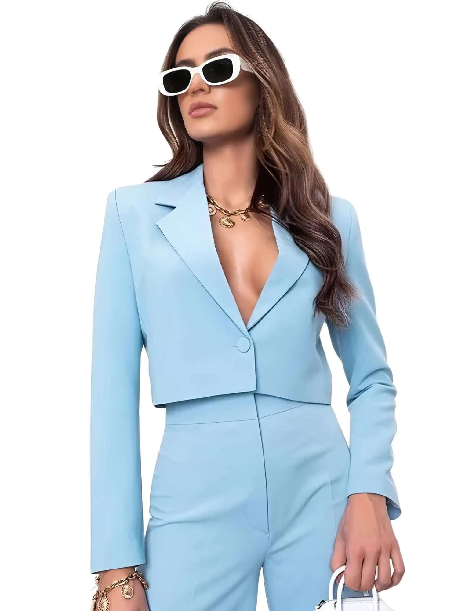 Cropped Blazer and Wide Leg Pants High Waisted 2-Piece Sets For Women