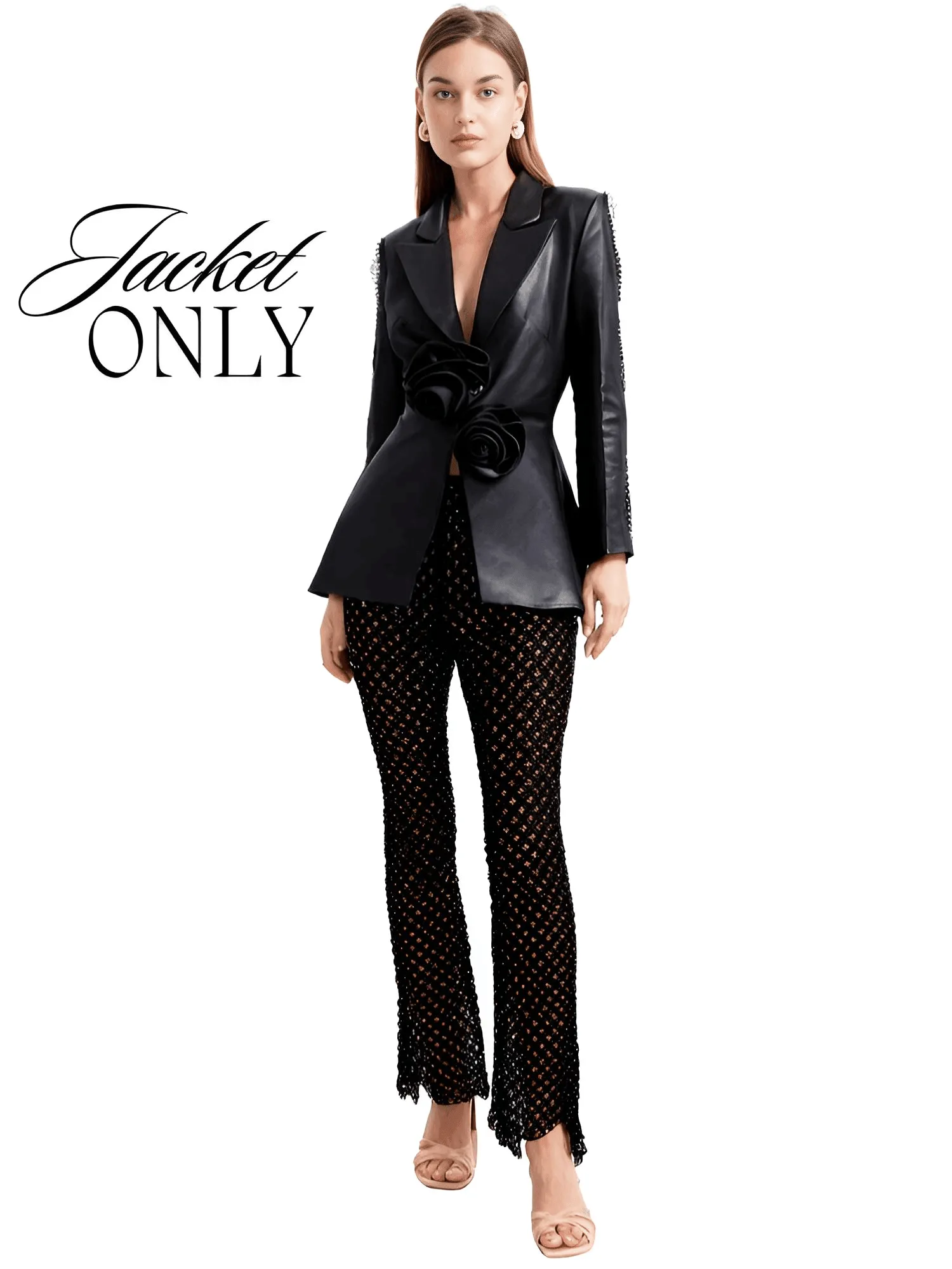 Designer Runway Fashion Women's Hollow Out Pearl Beaded Blazer & Gauze Pants