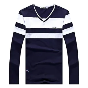 Fall Long Sleeved V Neck Stripe Cotton Blend T-shirt for Man 8592