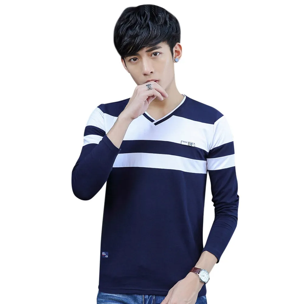 Fall Long Sleeved V Neck Stripe Cotton Blend T-shirt for Man 8592