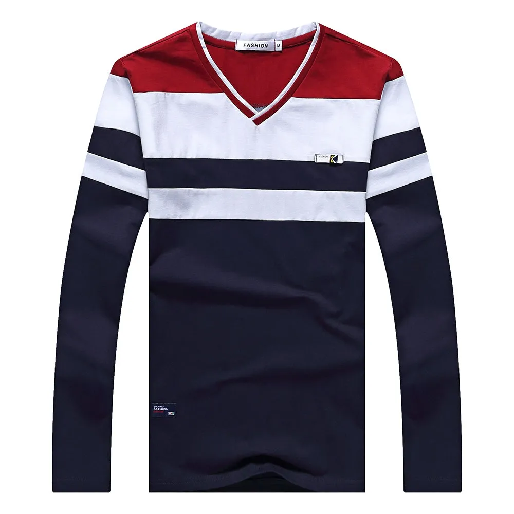 Fall Long Sleeved V Neck Stripe Cotton Blend T-shirt for Man 8592