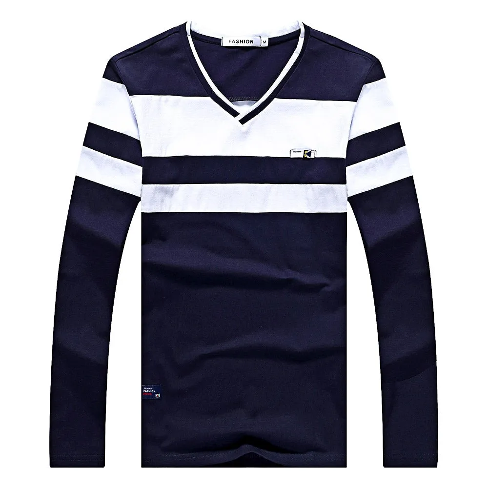 Fall Long Sleeved V Neck Stripe Cotton Blend T-shirt for Man 8592