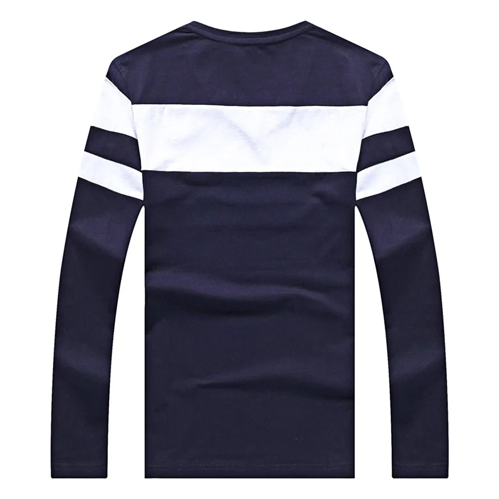 Fall Long Sleeved V Neck Stripe Cotton Blend T-shirt for Man 8592