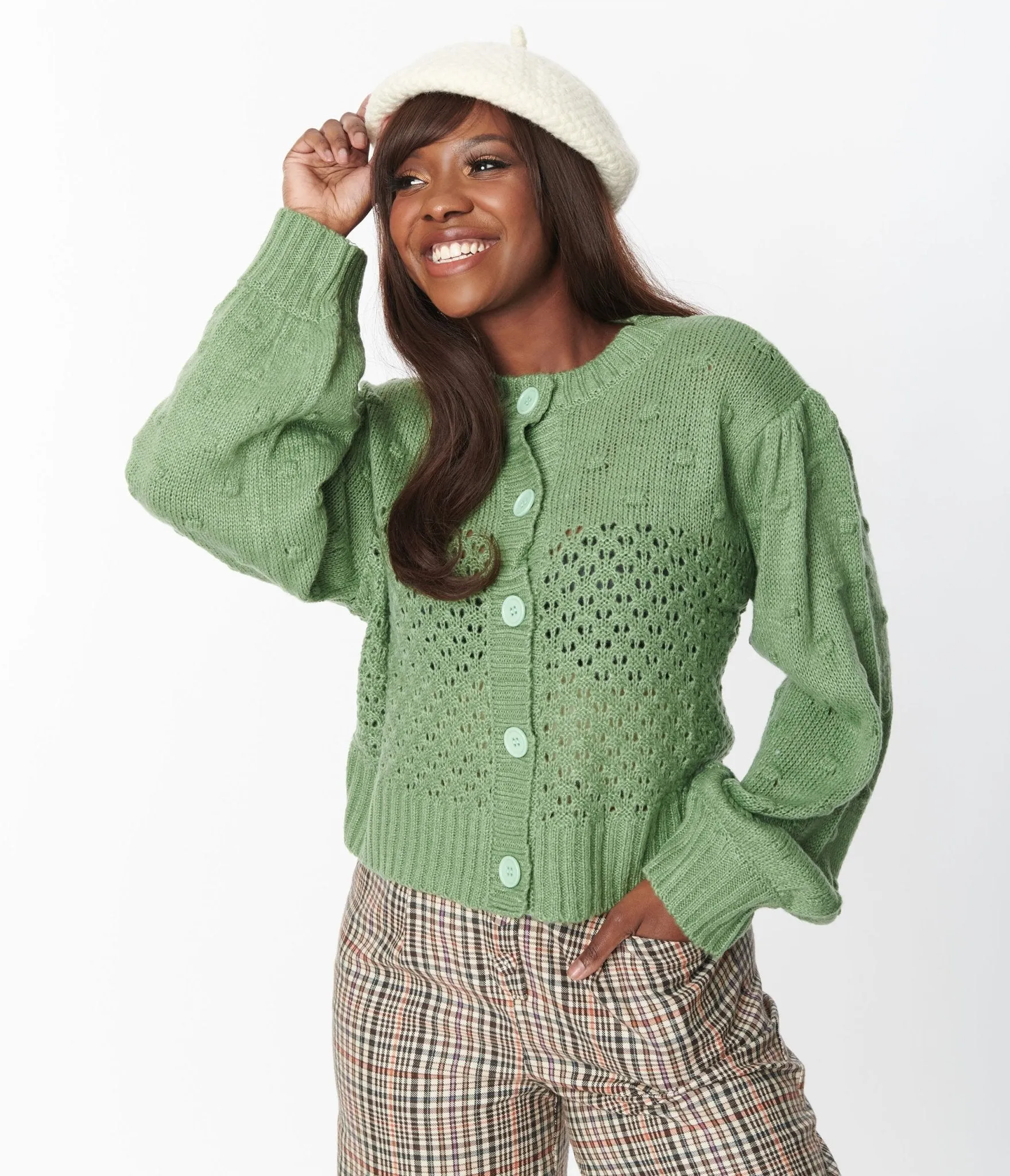 Green Eyelet Pom Pom Puff Sleeve Cardigan