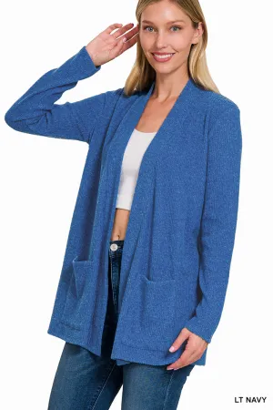 Heathered Ribbed Open Front Cardigan - Light Navy