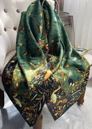 Italian Green Print Women Comfy Silk Scarf ML2311