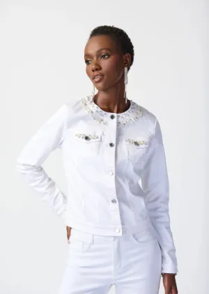 Joseph Ribkoff Vanilla Embellished Button-Down Crew Neck Denim Jacket 241912