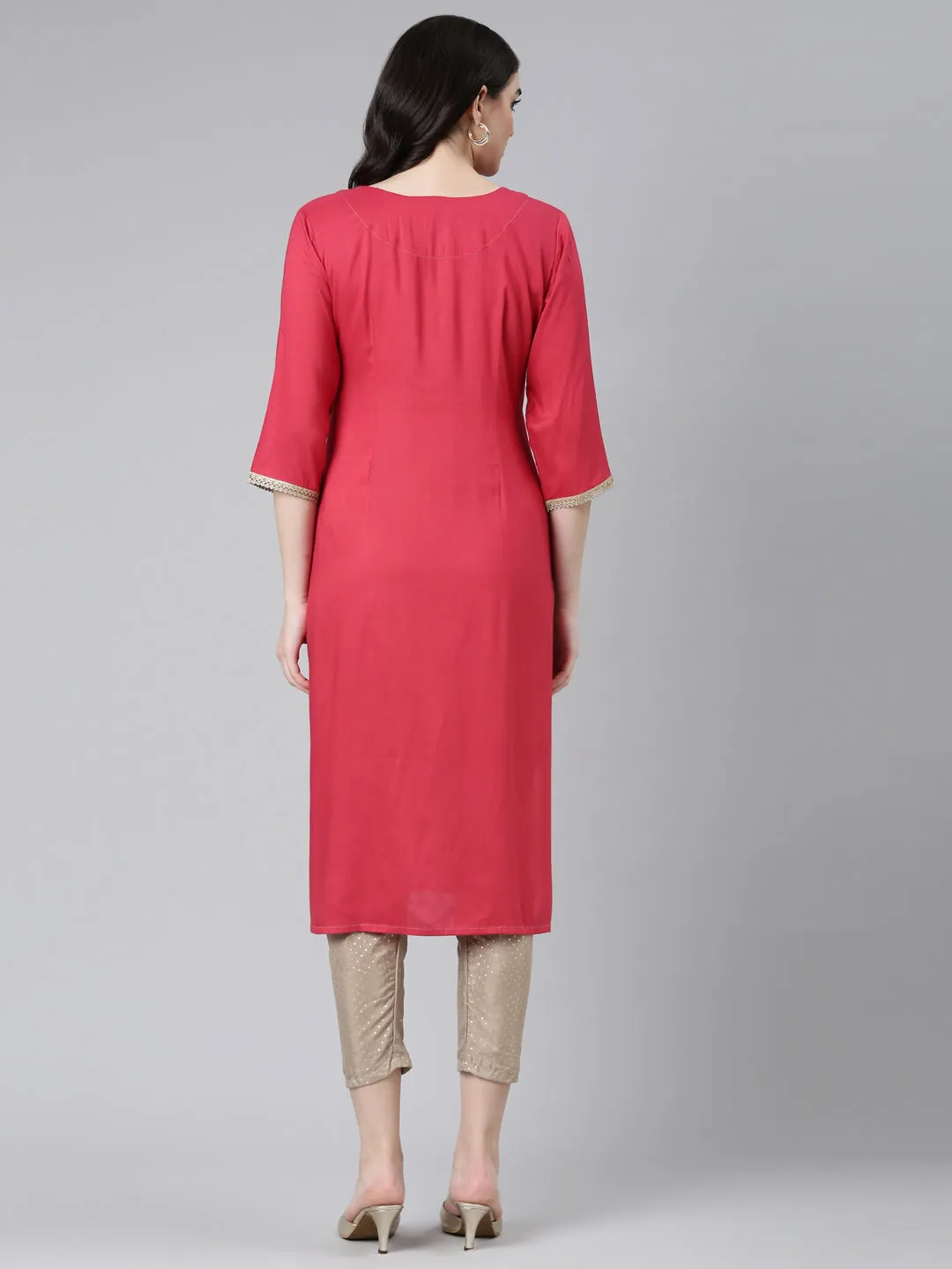 Neeru's Pink Regular Straight Solid Kurta And Trousers