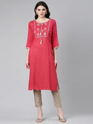 Neeru's Pink Regular Straight Solid Kurta And Trousers