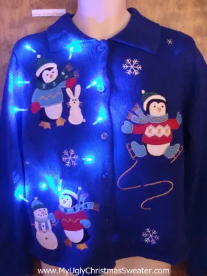 Penguin Skating Party Light Up Ugly Xmas Sweater