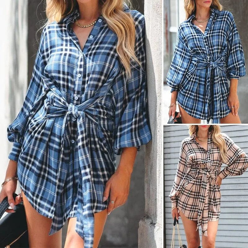 Plaid Tie Shirt Dress