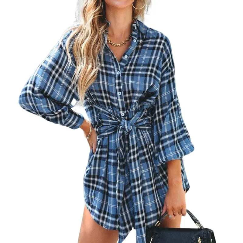 Plaid Tie Shirt Dress