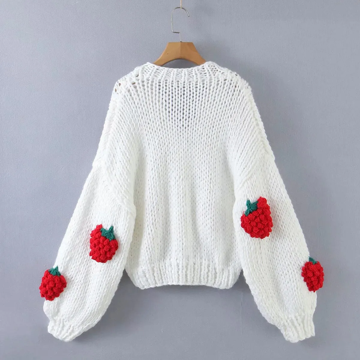 Pre Order:  V-Neck Lantern Sleeve Strawberry Coarse Knitted Cardigan