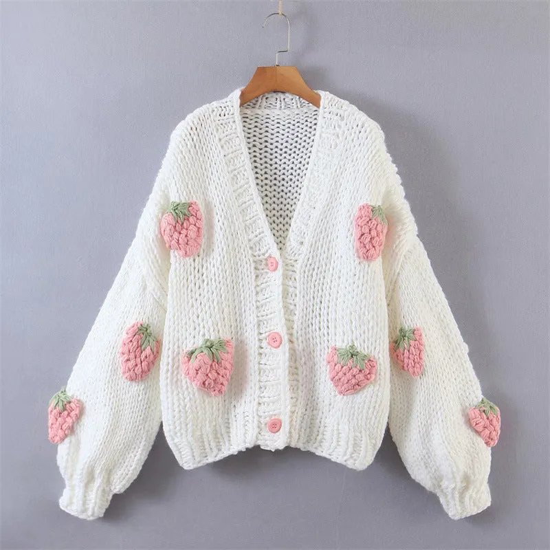 Pre Order:  V-Neck Lantern Sleeve Strawberry Coarse Knitted Cardigan