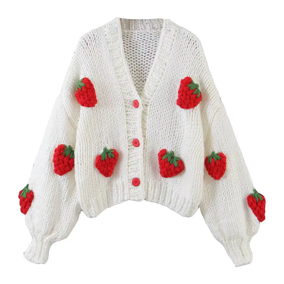 Pre Order:  V-Neck Lantern Sleeve Strawberry Coarse Knitted Cardigan