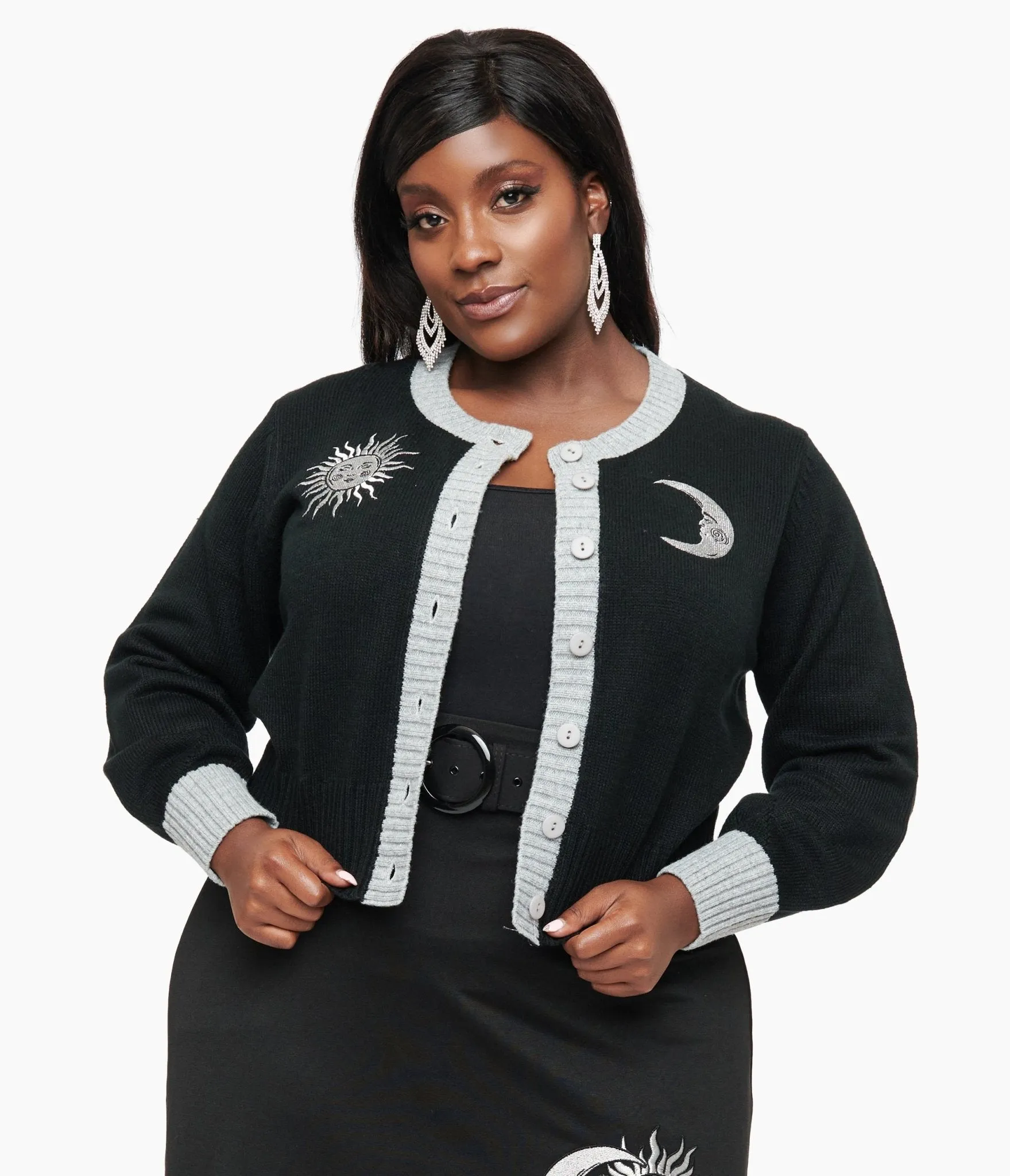 Smak Parlour Plus Size 1960s Black & Silver Celestial Embroidered Cropped Cardigan