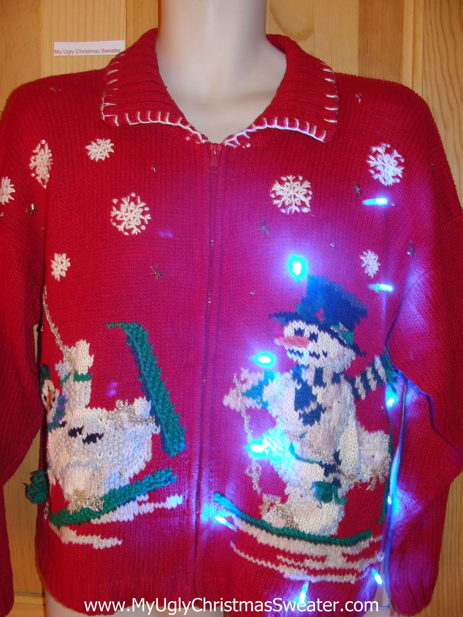 Tacky Red Ski Theme Light Up Christmas Sweater Skiing Snowmen