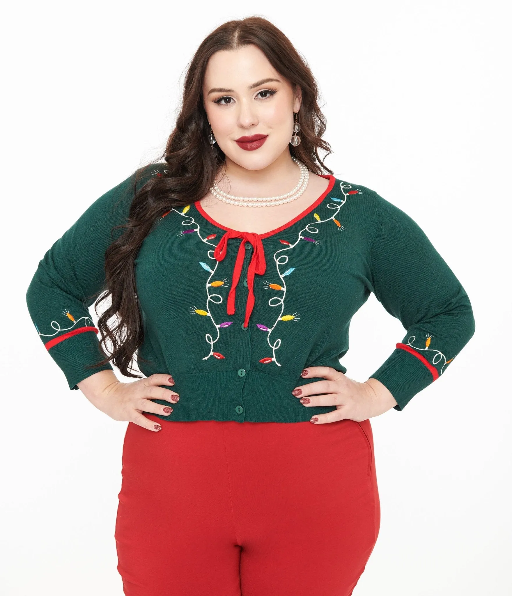 Unique Vintage Plus Size 1950s Green Holiday Lights Crop Cardigan