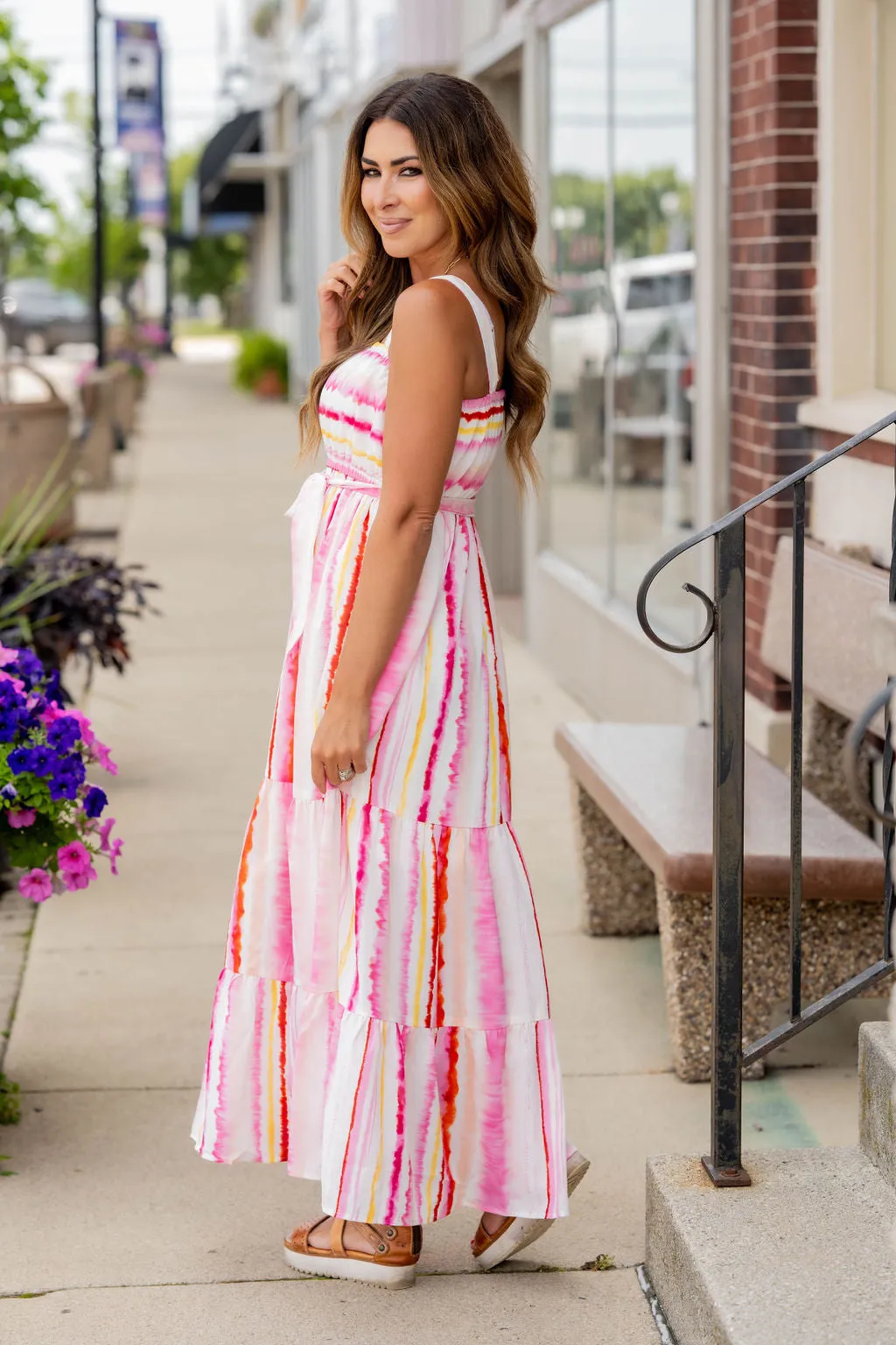 Watercolor Stripes Tiered Maxi Dress