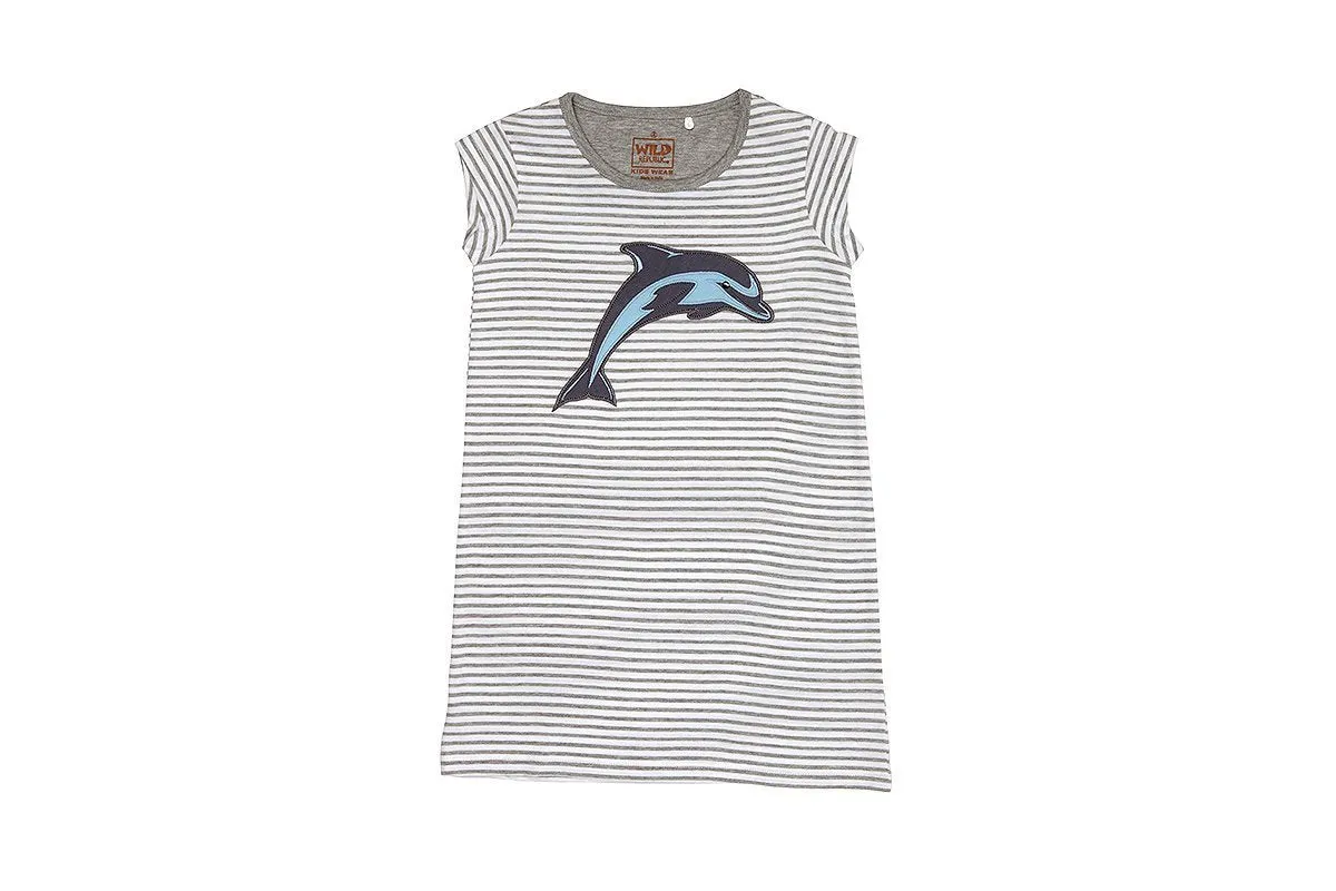 Wild Republic Girls Dolphin Applique Dress - Grey Stripe