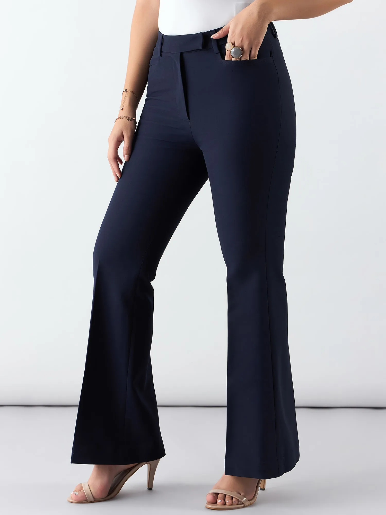 Women Navy High Waist Trouser In Stretchable Fabric