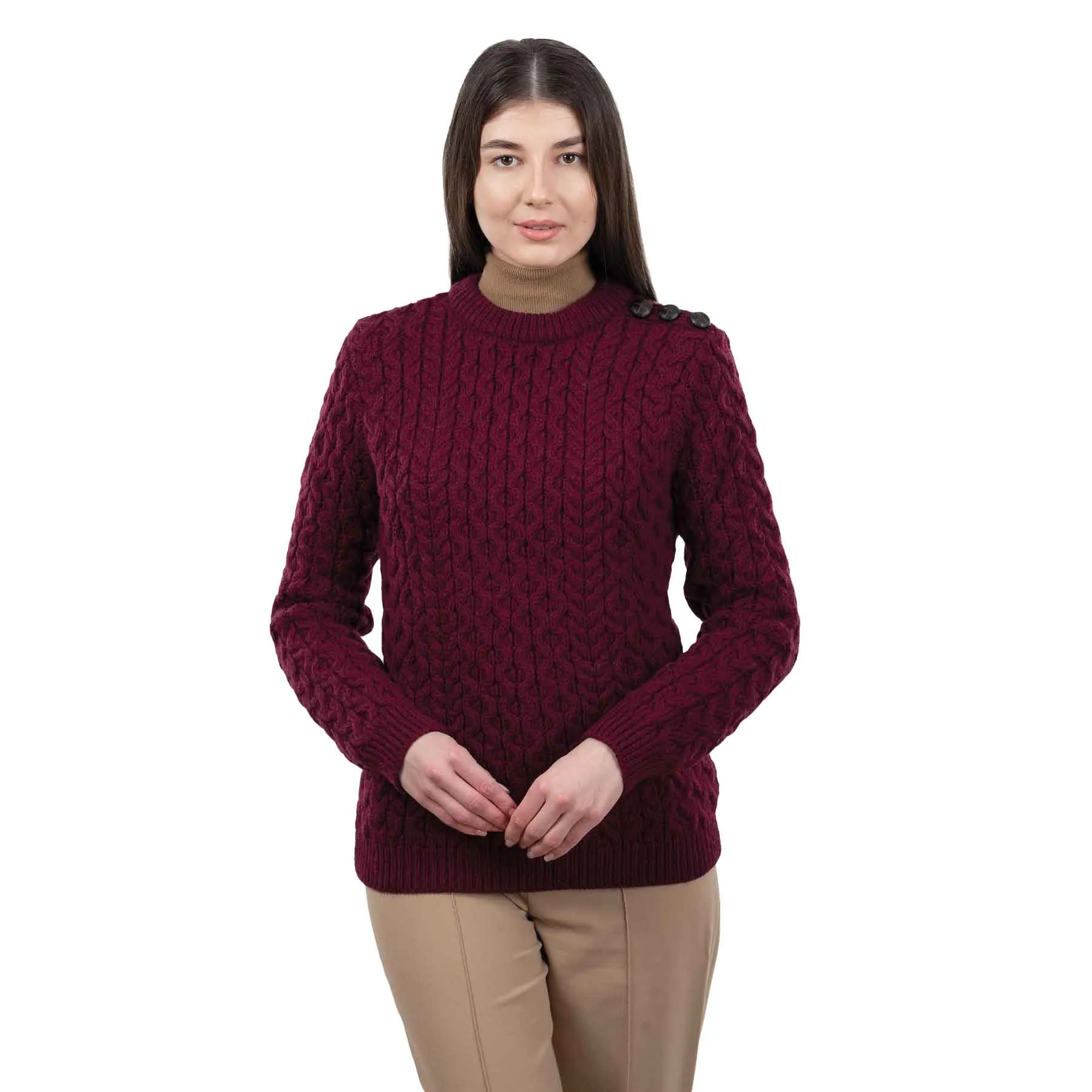 Women's Aran Knit Side Button Sweater, Wine